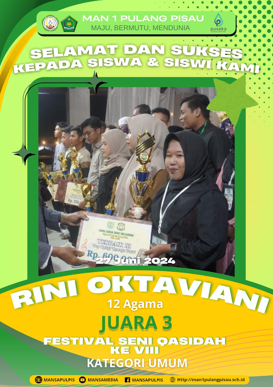 Rini Oktaviani Meraih Juara 3 Festival Seni Qasidah  Ke VIII